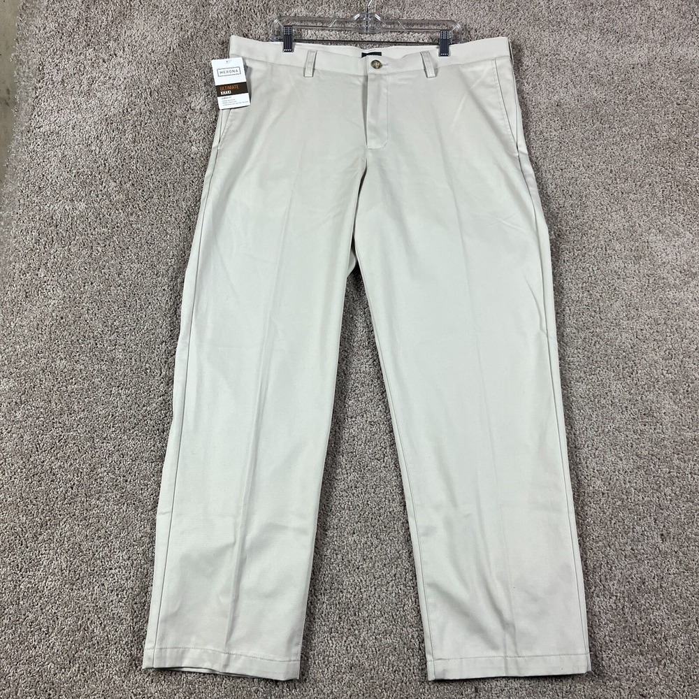 Merona Ultimate Khaki‎ Pants Mens 40x32 Beige Flat Front Classic Fit Casual NEW